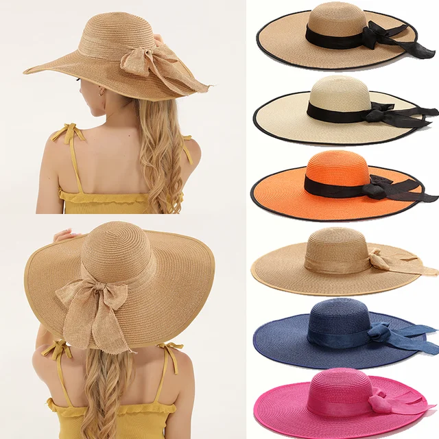 15CM Wide Brim Beach Straw Hats For Women Simple Foldable Summer Outing Sun Hat Fashion Flat Brom Bowknot Uv Protection Panama 1