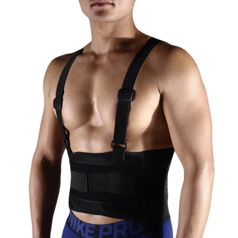 Черный Adjustable Back Waist Support Belt Breathable Men Lumbar Brace Fitness Weightlifting Running Back Belt With Shoulder Straps - Цвет: Черный