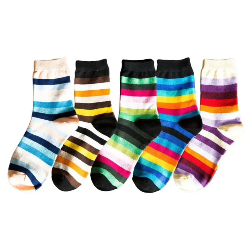 5 Pairs Women Rainbow Horizontal Stripes Cotton Crew Socks Colorblock Hosiery