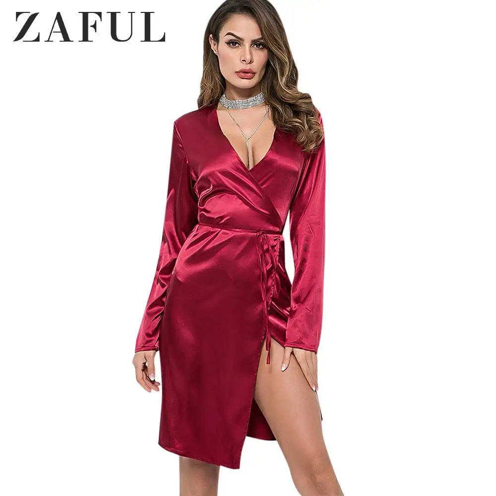Женское атласное платье с длинным рукавом ZAFUL асимметричное однотонное