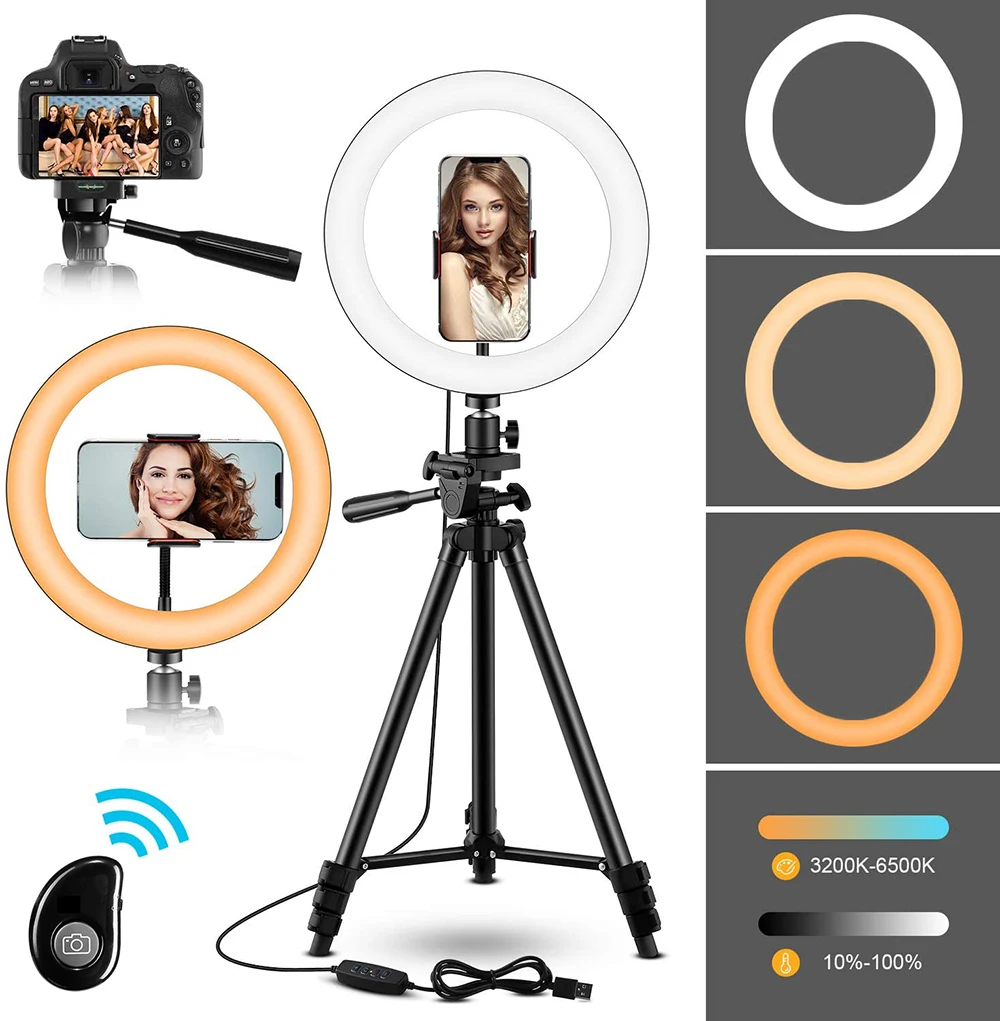 10 Selfie LED Ring Light with Tripod Stand Phone Holder for YouTube Photography Makeup Compatible with