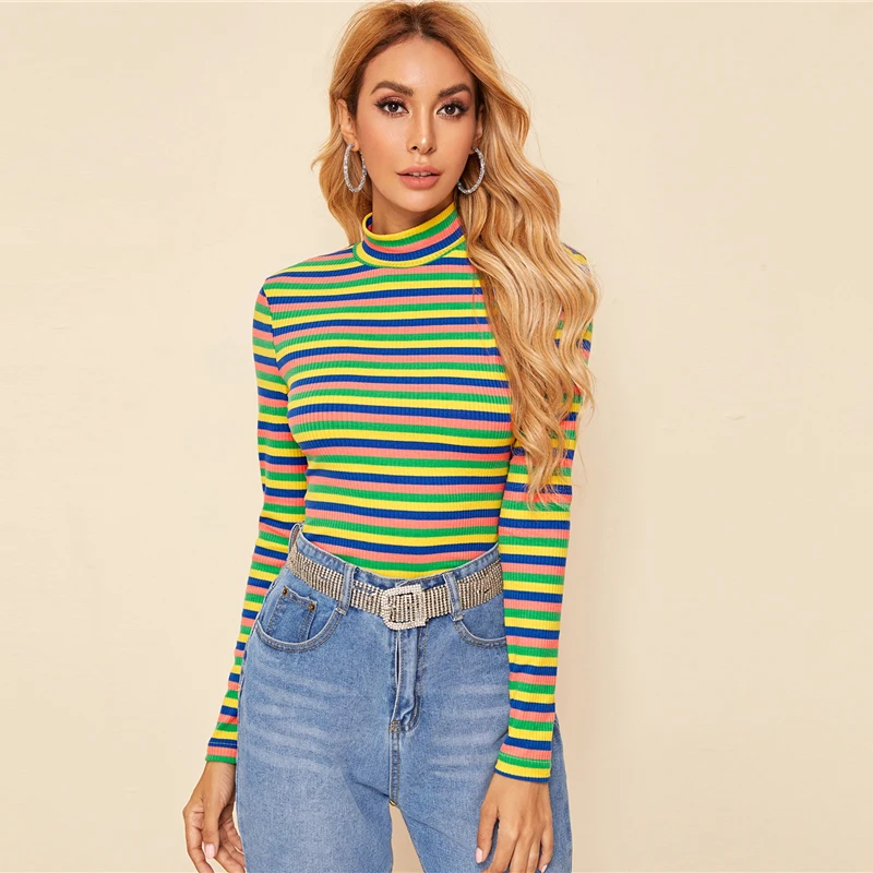 SHEIN многоцветный стоячий воротник полосатый ребристый вязаный Повседневная футболка Женские топы осень длинный рукав облегающие эластичные футболки