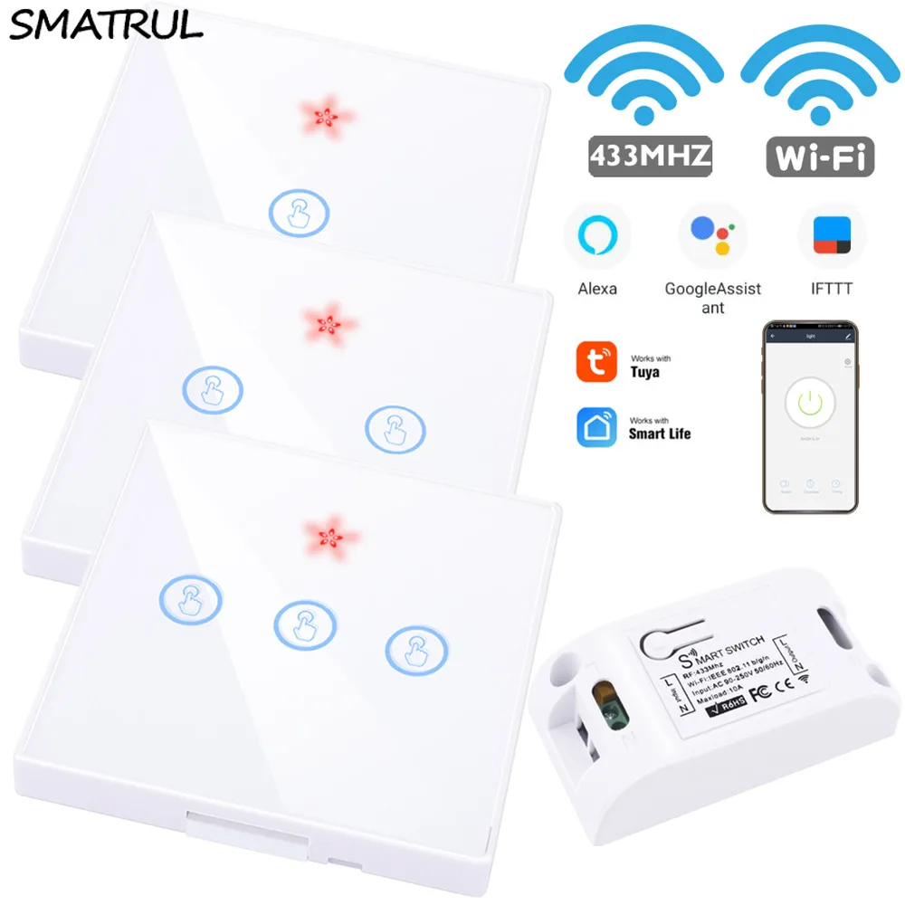 Smart life APP 1/2/3 Gang WiFi&RF Touch Switch Home Light Control+Remote f Alexa