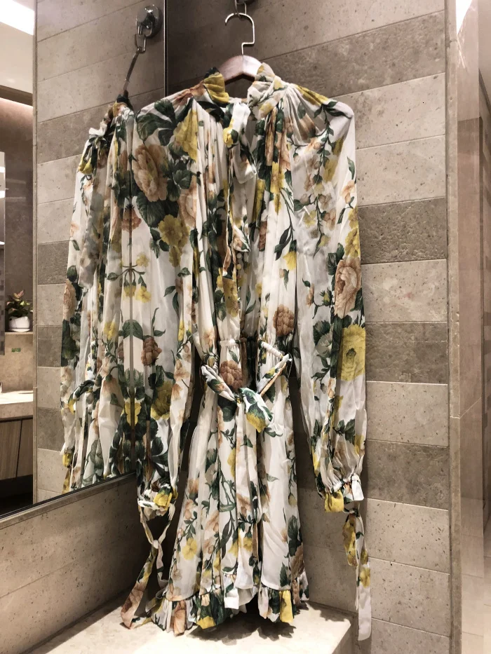 Слоновой кости Сад Цветочные zippy necktie playsuit праздник ветер с длинным рукавом комбинезон комбинезоны кюлоты