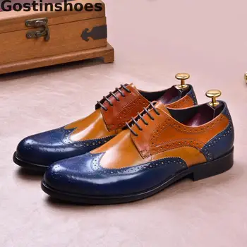 

Mixed Color Brogue Shoes Men Genuine Leather Cut-out Wing Tip Leather Shoes Lace-up Pointed Leisure Busines Office Shoes Man