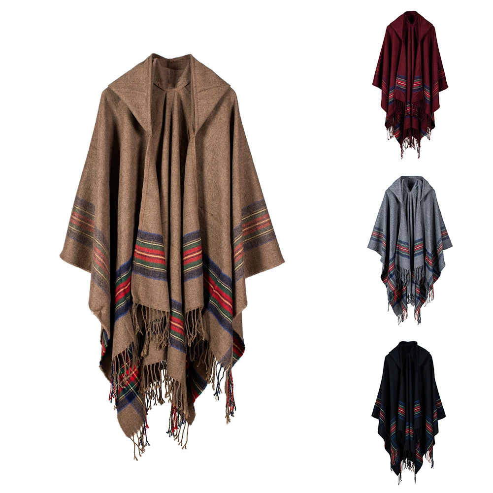 Mujeres пончо con capucha bufanda de invierno a la moda rayas borla capas gruesos chales calientes bufandas одежда женская одежда