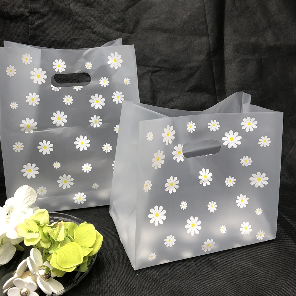 50Pcs Daisy Flower Plastic Gift Bag With Handle Christmas Wedding Party