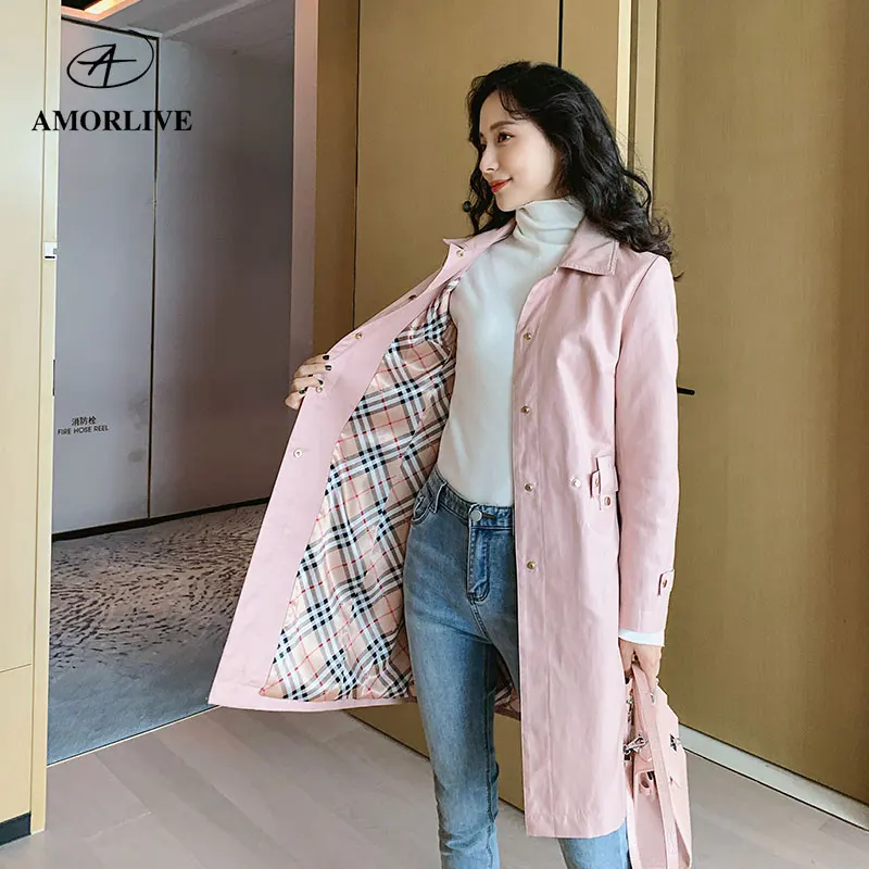 AMOR LIVE Magic Color Bright Silk Cotton Trench Coat With Belt Waterproof Windproof Drawstring Waist Long Female Windbreaker