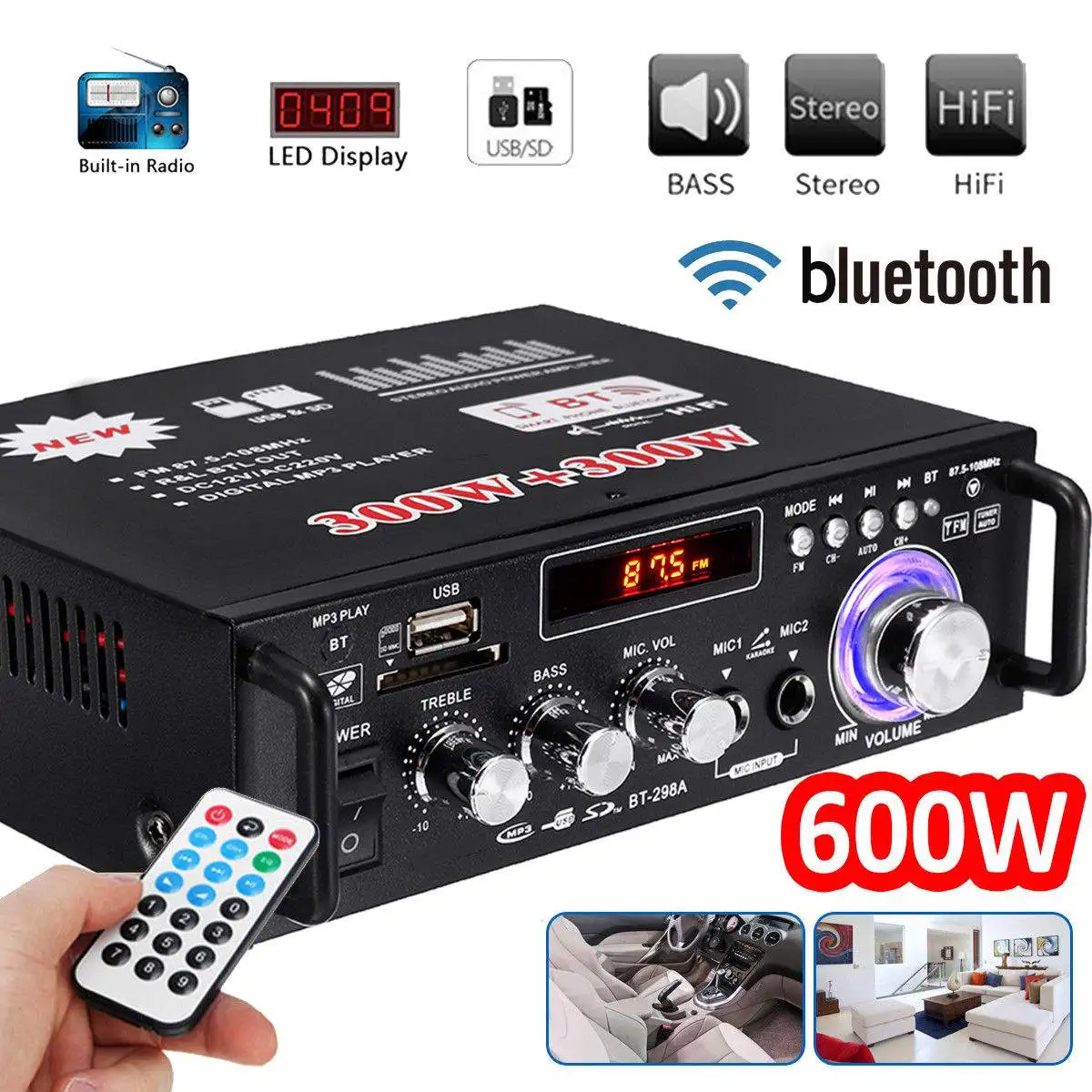 

600W Home Amplifiers Audio bluetooth Amplifier Subwoofer Remote Noise reduction Home Theater Amplifiers Support FM USB SD Card