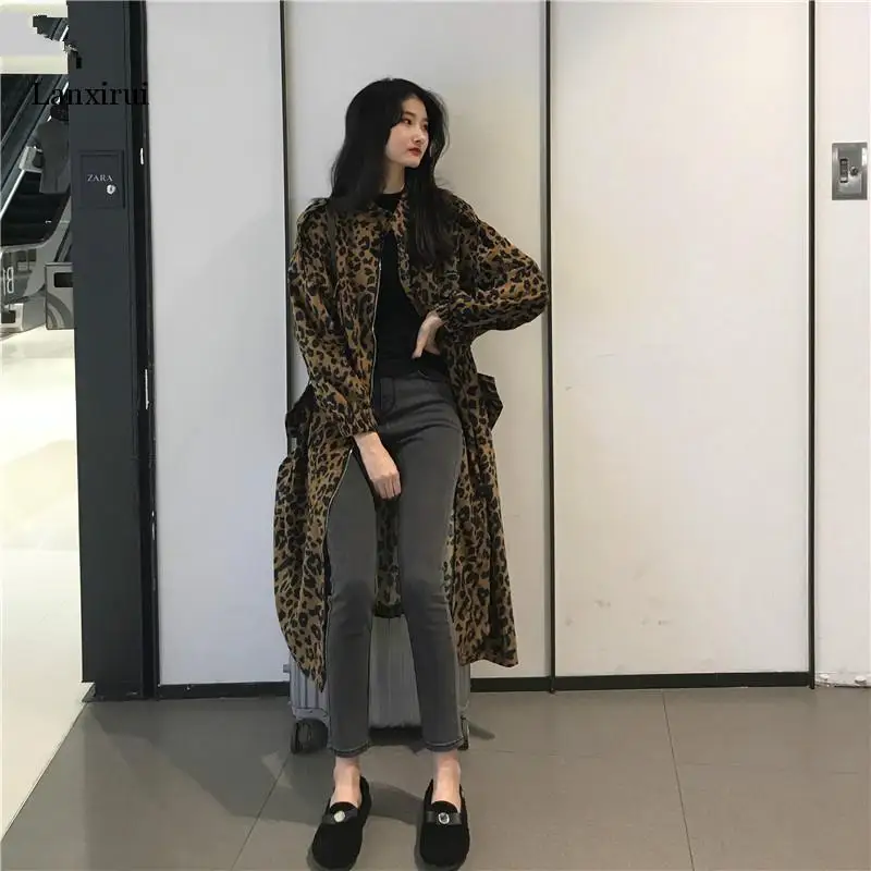 Lanxirui, осенняя мода, Ретро стиль, леопард, ropa mujer, макси, тонкая талия, тонкий Тренч, женский, на молнии, для студентов, Casaco Feminino