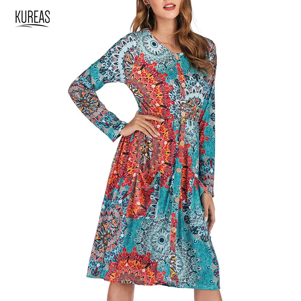 

Kureas Knitted Dress Women Autumn Winter Slim A Line Dresses Midi Casual Floral Printed Long Sleeve with Pocket