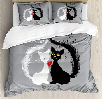 

Cat Duvet Cover Set Pair of Cats in Love Having Eaten Fish Red Heart Romantic Black and White Kitties Decorative 3 Piece Bedding