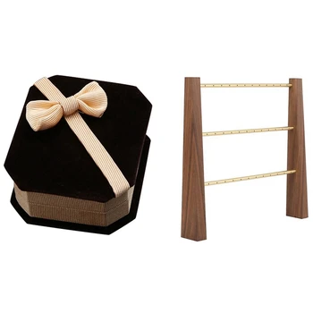 

Necklace Ears Storage Jewelry Gift Box (Champagne) & 3 Tier Jewelry Organizer Stand Modern Wood Jewelry Holder