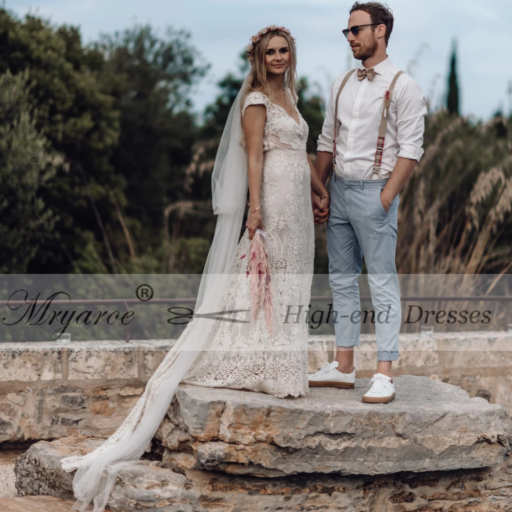 Mryarce Unique Bride Vintage Crochet Lace Boho Wedding Dress Cap Sleeves Open Back Bohemian Bridal Gowns  (7)
