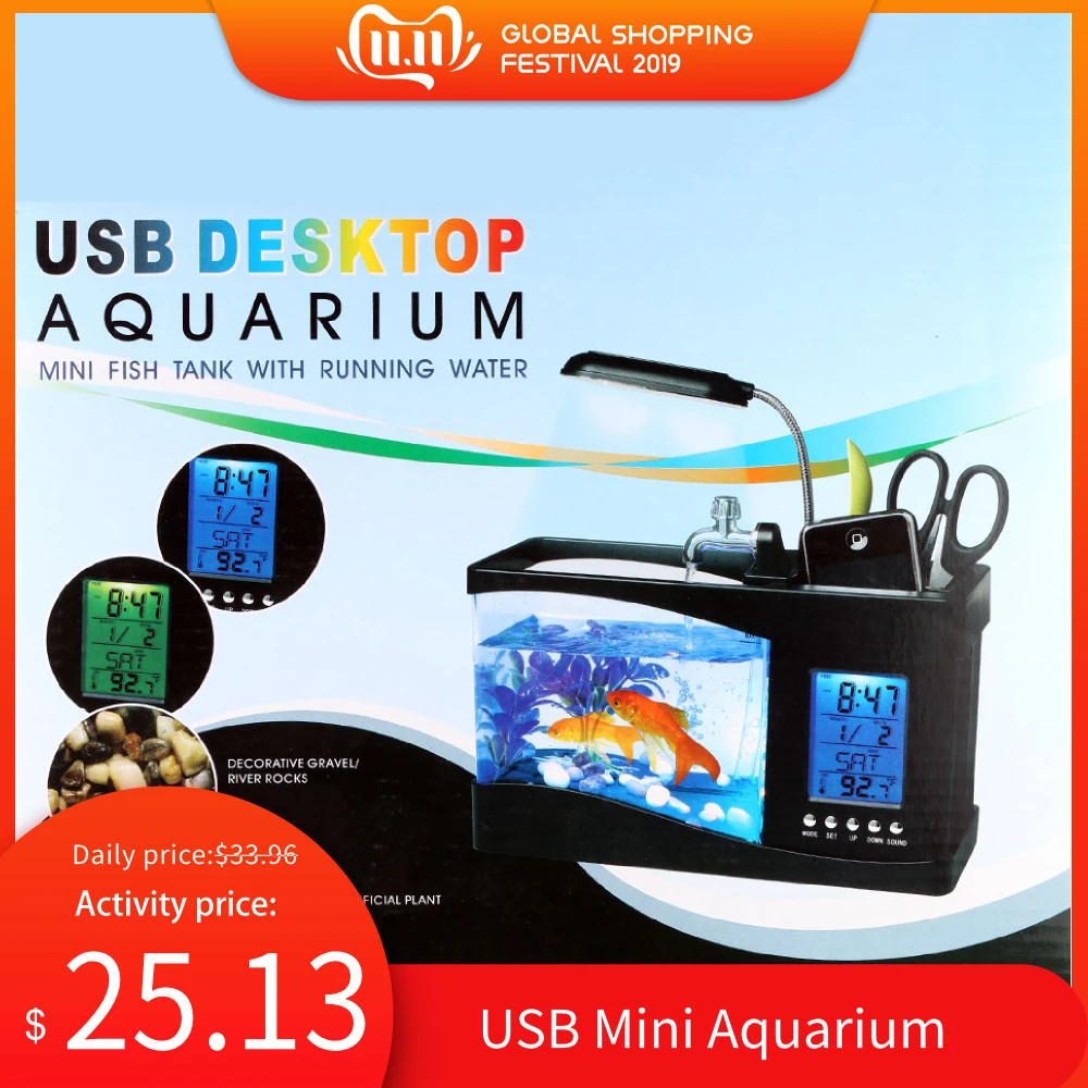

USB Mini Aquarium Fish Tank with LED Lamp Light Aquarium Fishbowl With LCD Display Screen and Clock Fish Tank Aquarium