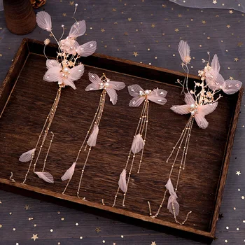 

Beautiful Butterfly Jewelry Set Rhinestone Hairpin And Earrings Ancient Style Pearl Headdress Lace Bridal Tassel Hair Jewelry