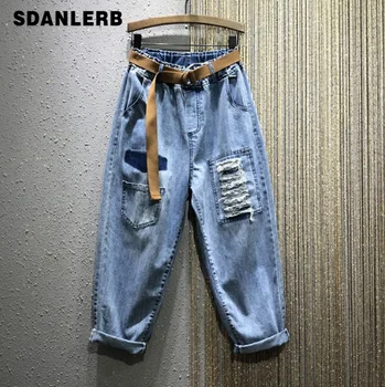 

European Style Loose Jeans Women 2020 Spring New Elastic-Waist Loose-Fit Large-Size Hole To Do The Old Denim Pants Women's Jeans