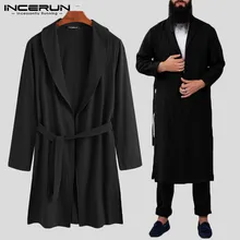Хлопковые мужские одноцветные халаты с длинным рукавом для фитнеса, Повседневная Домашняя одежда, винтажные длинные халаты с отворотом, мужские кимоно пижамы, S-3XL INCERUN
