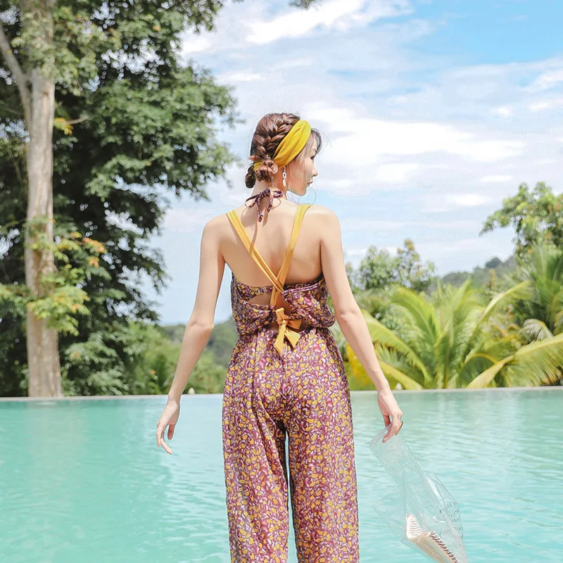 

2019 New Style Two-piece Swimsuits Women's Small Bust Gathering Trousers Cover-up Bikini Three-piece Set Skirt Swimming Suit