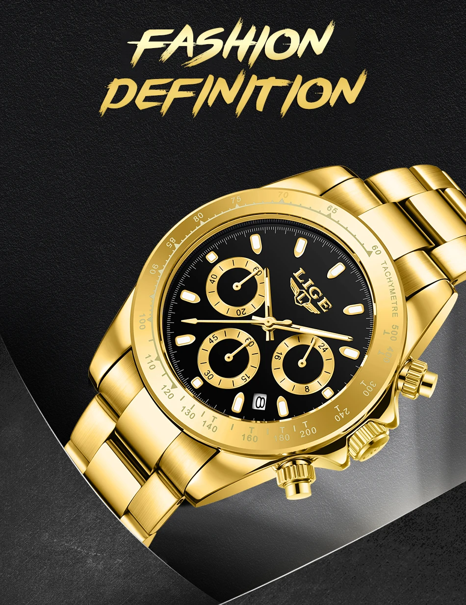 2022 LIGE Military Sport Mens Watches Top Brand Luxury Gold Quartz Watch For Men Stainless Steel Waterproof Clock Men's Watch