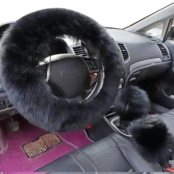 

New Universal Soft Warm Long Wool Fuzzy Steering Wheel Cover Woolen Handbrake Car Accessory Sheep Fur Plush Protector Cover Kit