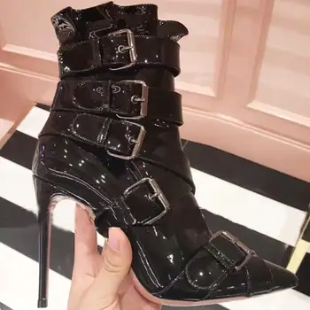 

Autumn Genuine Leather Ankle Boots For Women Strappy Buckle Straps High Heels Motorcycle Boots Shoes Pointy Fashion Punk Boots
