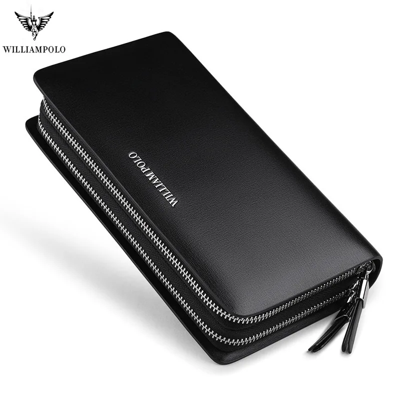 

WILLIAMPOLO Men's Clutch Wallet Double Zipper Handy Bag Genuine Leather Organizer Wallet Fashion Male Gift Clutches pl239