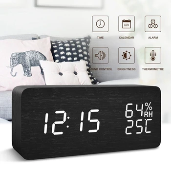 

LED Wooden Alarm Clock Watch Table Voice Control Digital Wood Despertador Electronic Desktop USB/AAA Powered Clocks Table Decor