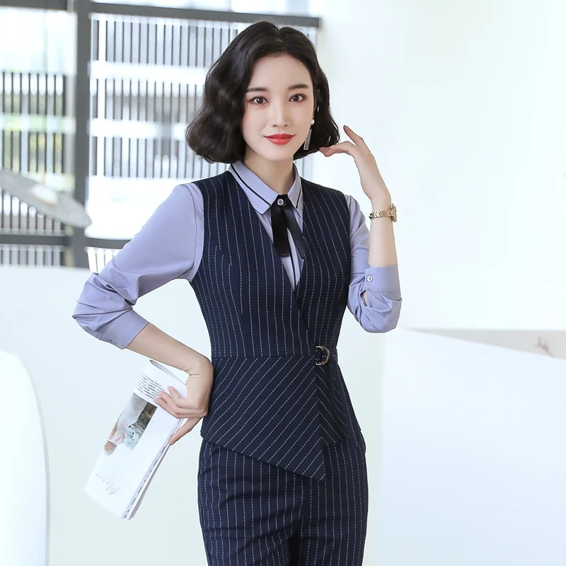 blue top and pant IZICFLY Лето Осень стиль серый полосатый жилет для делового костюма и брюки набор для женщин Костюм офисная форма жилет рабочая одежда черный - Цвет: blue top and pant