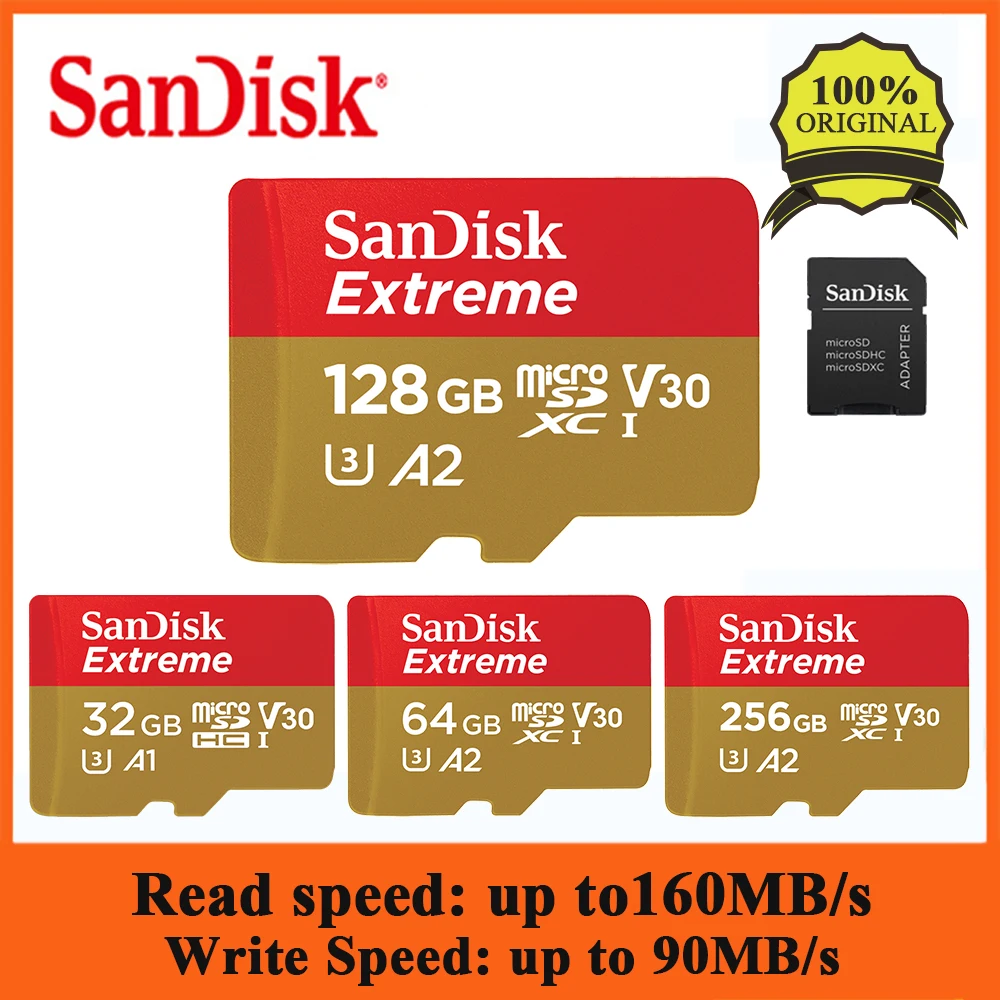 

SanDisk Extreme 256G 128G 64G 32G microSDHC SDXC UHS-I Memory Card micro SD Card TF Card Up to 160MB/s C10 A2 U3 With SD Adapter