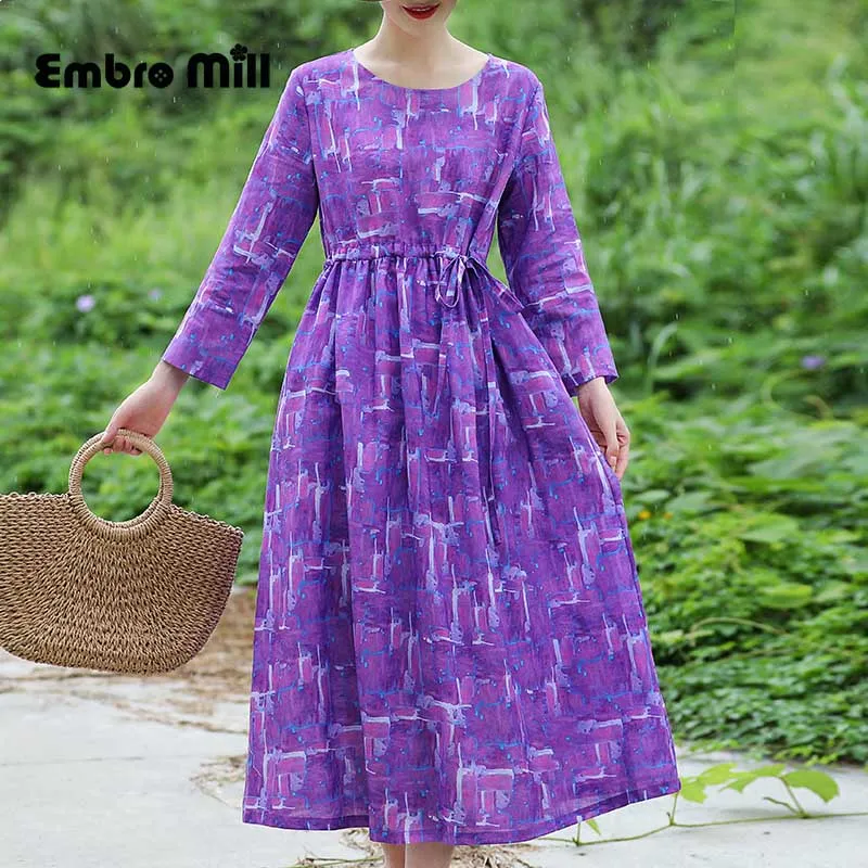 Autumn The New Ramie dress elegant prairie Chic printing O-neck Loose purple women's A-line dress M-2XL - Цвет: Фиолетовый