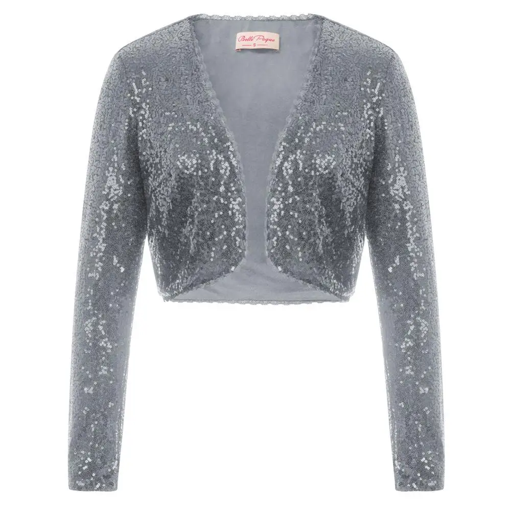Gray Belle Poque, Модный женский кардиган, блестящий, расшитый блестками, сплошной цвет, длинный рукав, укороченная длина, открытая спереди, пальто, топы, болеро, болеро - Цвет: Gray