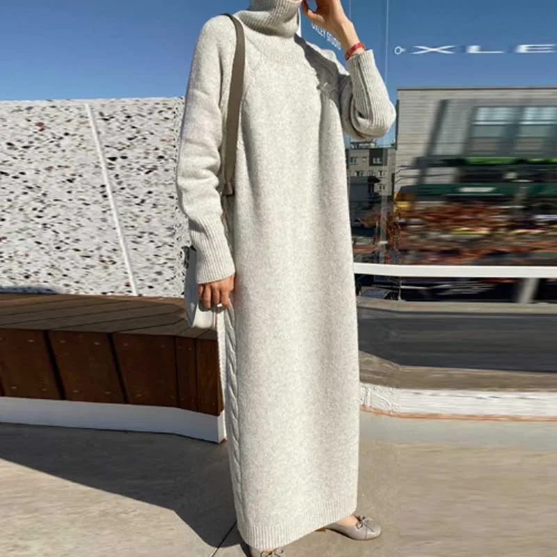 2020 Sweater Dress Women Winter New Fashion Plus Size Turtleneck Knitted Sweater Dress Korean One-Piece Elegant Loose Long Dress