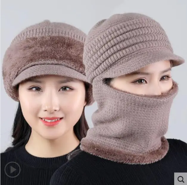 light khaki Женская зимняя шапка, шерстяной свитер с кроликом, Женская утолщенная осенняя и зимняя теплая шапка - Цвет: light khaki