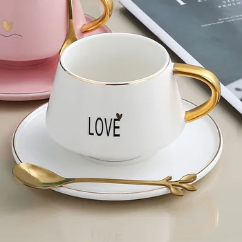 

European Ceramic Coffee Cup Set Simple Gold Rim Office Luxury Turkish Coffee Cups Solid Color Tazas Cups and Saucers BE50MU