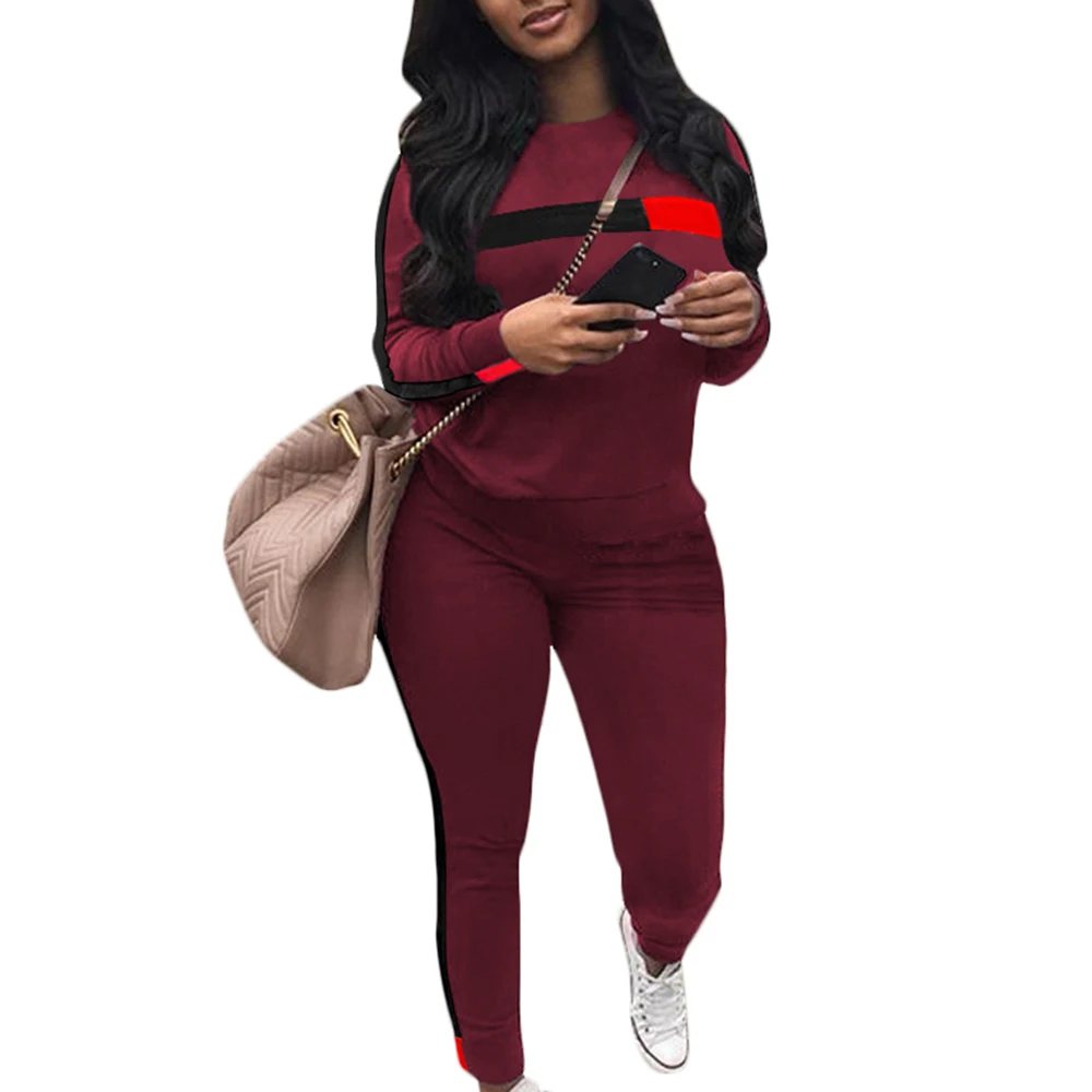 wine red1 Комплект из 2 предметов: толстовка и спортивные штаны, повседневный спортивный костюм в стиле пэчворк, комплект пуловеров с длинным рукавом, женская спортивная одежда - Цвет: wine red1