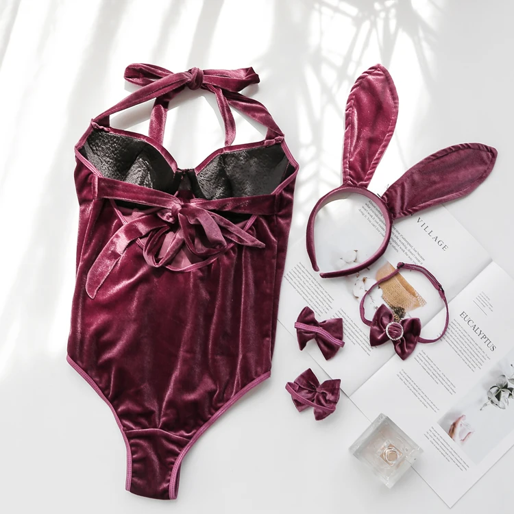 Фиолетовое бархатное сексуальное нижнее белье с кроликом; костюм для ролевых игр; Соблазнительные костюмы с кроликом для девочек; Клубная одежда для костюмированной вечеринки