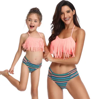 

Mother And Daughter Tassel striped Two-Piece Bikini Set Family matching Floral Print High Waist Swimsuit Sexy Beach Bathing Suit