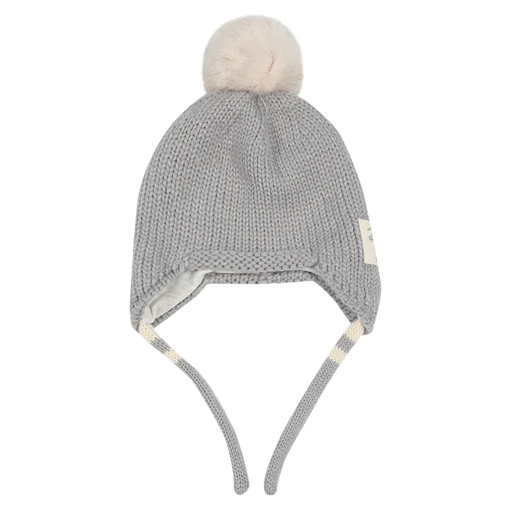 Зимняя шапка для маленьких мальчиков и девочек, милые шапочки с наушниками, теплая шапка, вязанная крючком, помпон, Хлопковый чепчик для новорожденных, аксессуары - Цвет: Gray