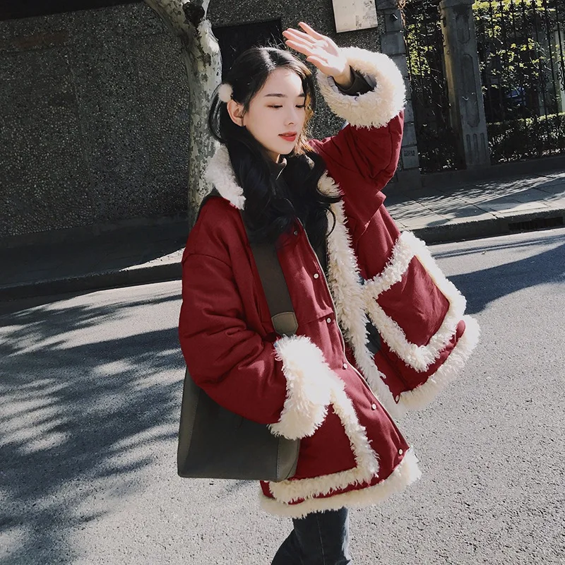 

Photo Shoot Mid-length Lambs Wool Joint down Coat Women's Winter Fold-down Collar Large Pocket Plush Thick Cotton-padded Clothes