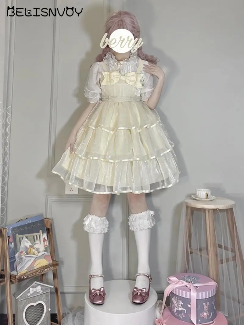 Japanese Summer Sweet Girly Lolita Dress Soft Girl Sleeveless Straps Kawaii Bow Ruffles Party Dress Princess JSK Tiered