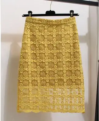Цвет: желтый Women High Waist Pencil Skirts Spring Summer Crochet Hollow Our Floral Lace Elegant Tube Office Lady Skirt saias - Цвет: Цвет: желтый