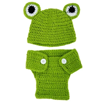 

2 Pcs Cute Newborn Baby Costume Photo Photography Prop: 1 Pcs Animal Beanie Set Crochet Cloth Knitted Caps & Hats-Frog and 1 Pcs
