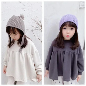 

2020 Girls Fall Long Sleeve Shirt Children's Solid Color Round Neck Loose Top