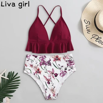 

Liva girl Sexy Ruffled Swimsuit Push Up Floral Brazilian Swimsuit Women Beachwear Padded Swimwear Maillot De Bain Femme Bikinis