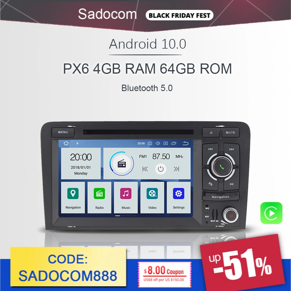 7 дюймов PX6 2 din Android 10,0 автомобильный DVD-плеер 6 Core 64 ГБ 4 ГБ ОЗУ Авторадио автомобильное радио GPS карта для Audi A3 2002-2011 S3 RS3 RNSE-PU