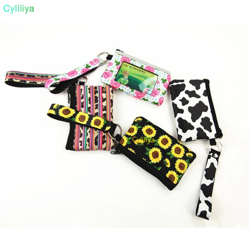 50pcs Neoprene Card bag Pocket Women Mini Wallet Ladies Hanging Bag Coin Purse Waterproof Credit ID Card Slot Case with Lanyard