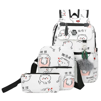 

Usb Charging Canvas Backpack 3 Pcs/Set Women School Backpacks Schoolbag for Teenagers Man Student Book Bag Boys Satchel White