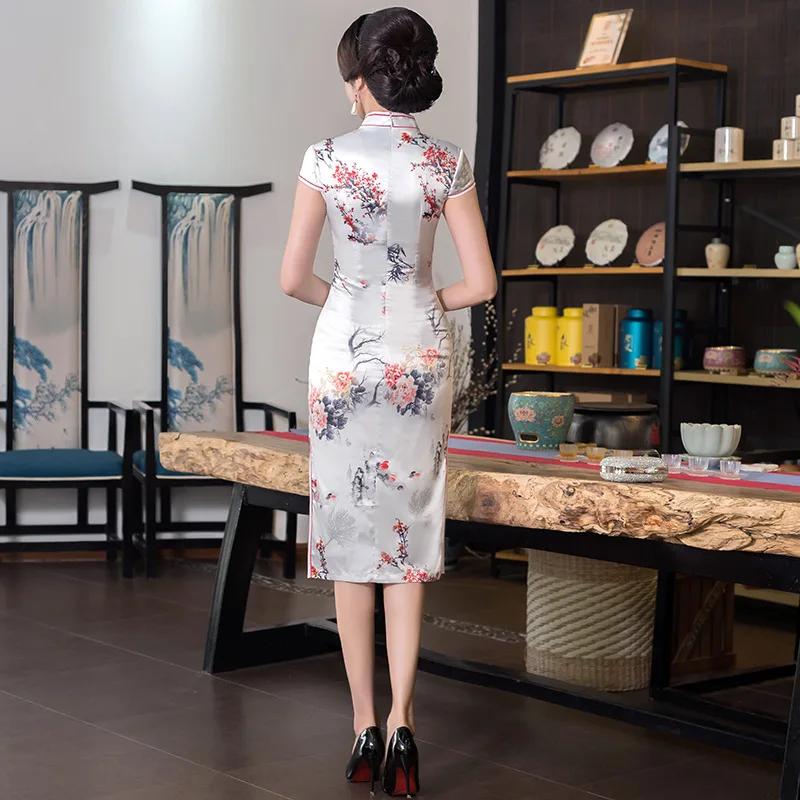 Традиционное китайское платье Vestidos женские атласные Qipao ручной работы Кнопка Ципао Cheongsam цветок размер M-4XL