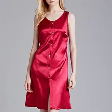 Модная женская ночная рубашка с принтом без рукавов, атласная ночная рубашка с пуговицами и поясом